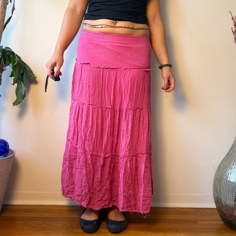 Hot Kiss Pink Tiered Maxi Skirt Y2K Boho Flowy Low Rise HT3203WHT Small